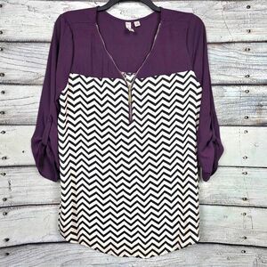 Tacera Purple Chevron Zip Blouse Roll Tab Sleeve Size 1X